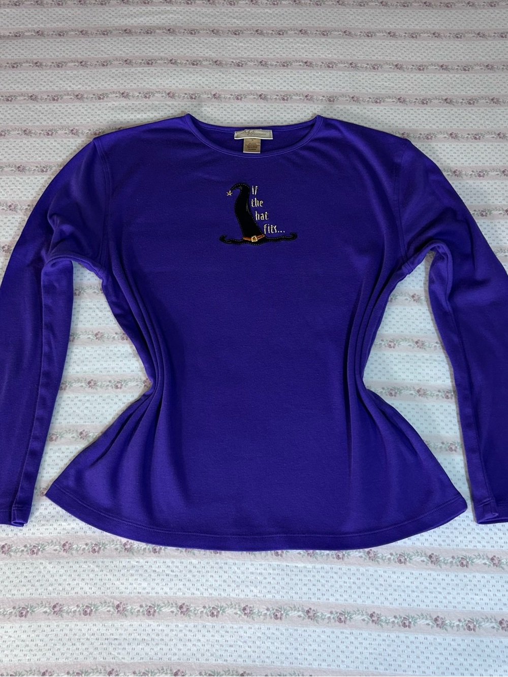 Women's Purple Long-Sleeve Crewneck Top with Embroidered Witch Hat Accent